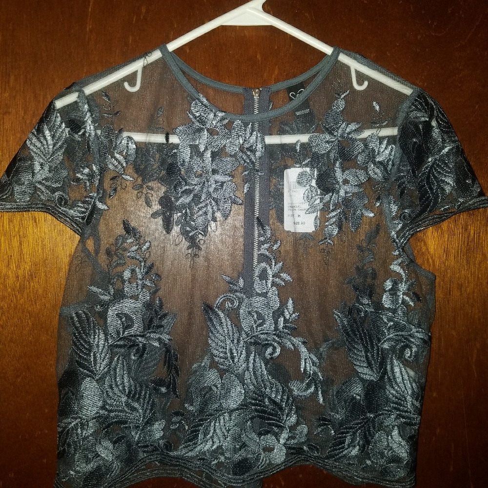 Gray Mesh Embroidered crop top
